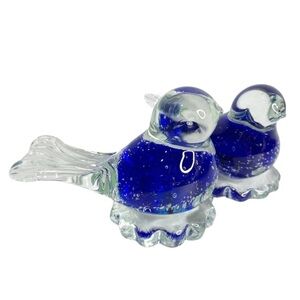 Vintage (2) small Snowflakes blue bird blown clear glass figurines.
